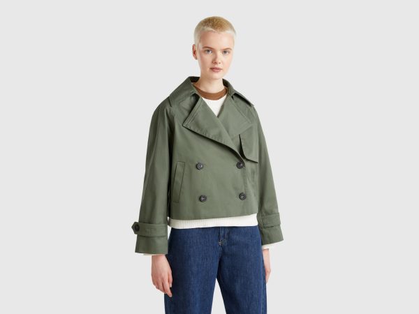 Benetton, Cropped Double-breasted Trench Coat, size , Military Green, Women