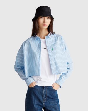 Benetton, Cropped Shirt In Pure Cotton, size M-L, Sky Blue, Women