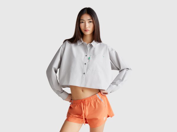 Benetton, Cropped Shirt In Pure Cotton, size XS-S, Gray, Women