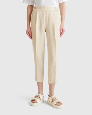 Benetton, Cropped Trousers In 100% Linen, size XXS, Beige, Women