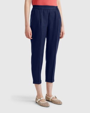 Benetton, Cropped Trousers In 100% Linen, size XXS, Dark Blue, Women