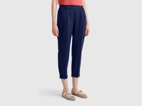 Benetton, Cropped Trousers In 100% Linen, size XXS, Dark Blue, Women