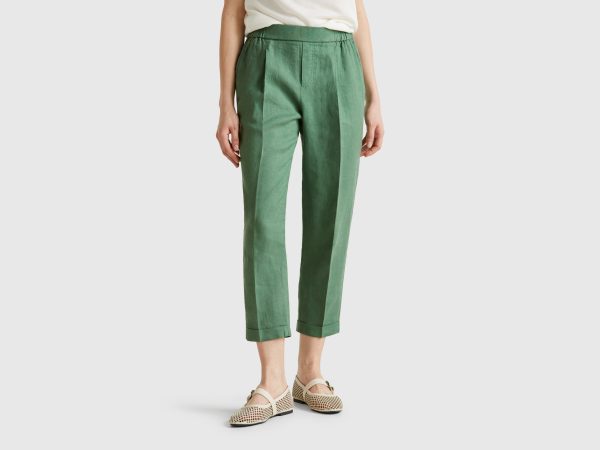 Benetton, Cropped Trousers In 100% Linen, size XXS, Green, Women