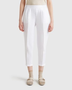 Benetton, Cropped Trousers In 100% Linen, size XXS, White, Women