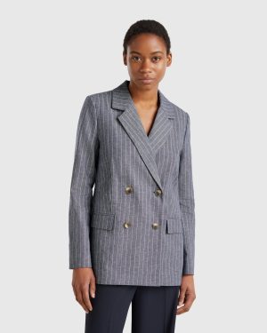 Benetton, Double-breasted Pinstripe Blazer, size , Dark Blue, Women