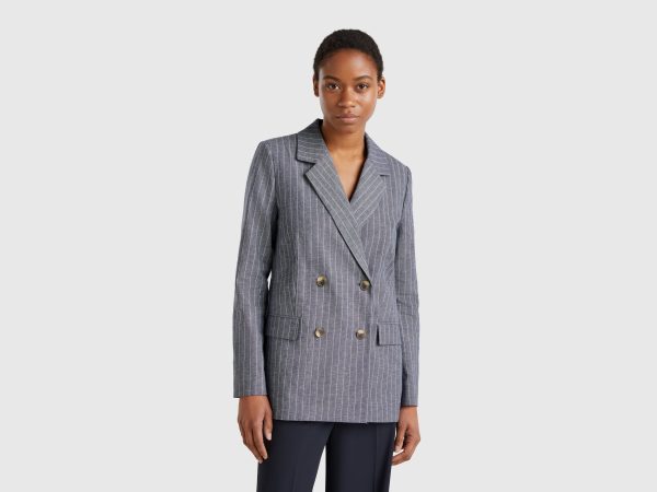 Benetton, Double-breasted Pinstripe Blazer, size , Dark Blue, Women
