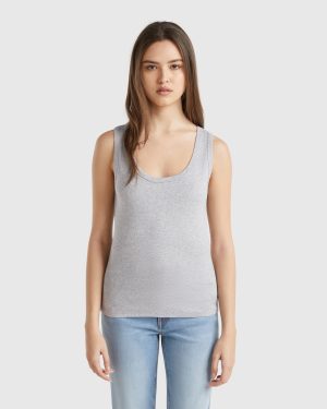 Benetton, Marl Gray Tank Top In Pure Cotton, size XS, Light Gray, Women