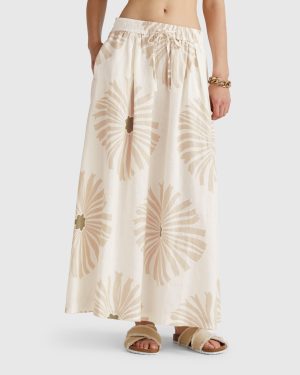 Benetton, Midi Skirt With Floral Print, size S, Creamy White, Women