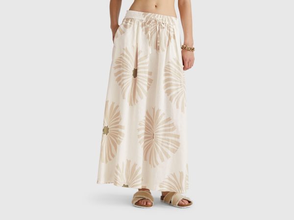 Benetton, Midi Skirt With Floral Print, size S, Creamy White, Women