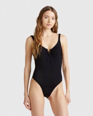Benetton, One-piece Swimsuit With V Detail, size 32, Black, Women