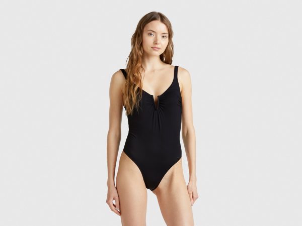 Benetton, One-piece Swimsuit With V Detail, size 32, Black, Women