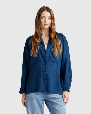 Benetton, Oversized Shirt In Pure Linen, size XXS, Air Force Blue, Women