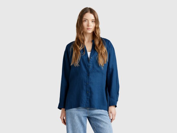 Benetton, Oversized Shirt In Pure Linen, size XXS, Air Force Blue, Women