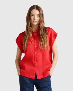 Benetton, Regular Fit Shirt In Pure Linen, size XXS, Brick Red, Women