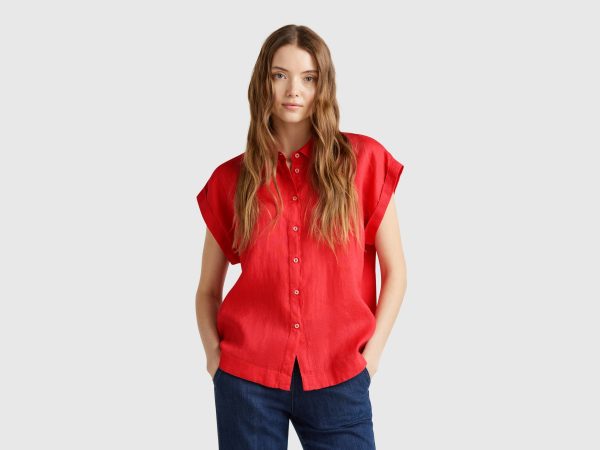 Benetton, Regular Fit Shirt In Pure Linen, size XXS, Brick Red, Women