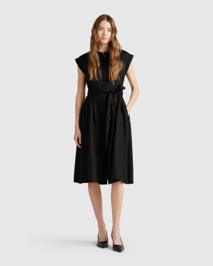 Benetton, Shirt Dress In Pure Linen, size XS, Black, Women
