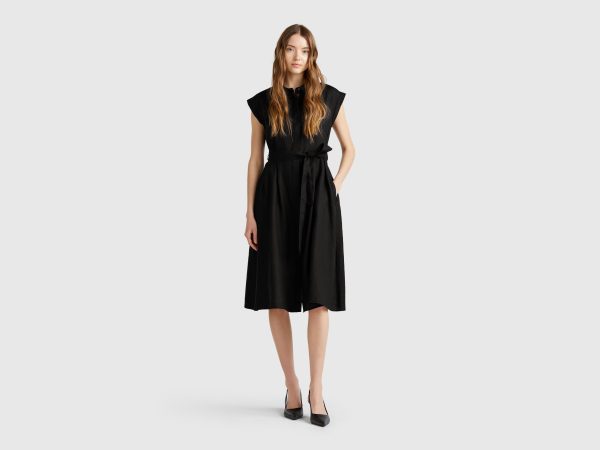 Benetton, Shirt Dress In Pure Linen, size XS, Black, Women