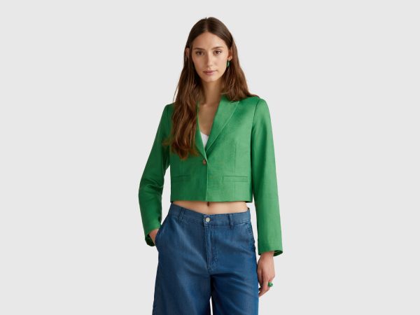 Benetton, Short Blazer In Pure Linen, size , Green, Women