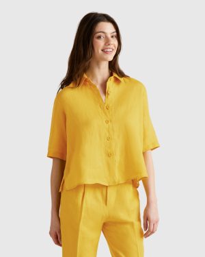 Benetton, Short Shirt In Pure Linen, size XXS, Mustard, Women