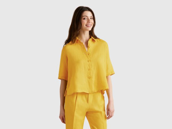 Benetton, Short Shirt In Pure Linen, size XXS, Mustard, Women