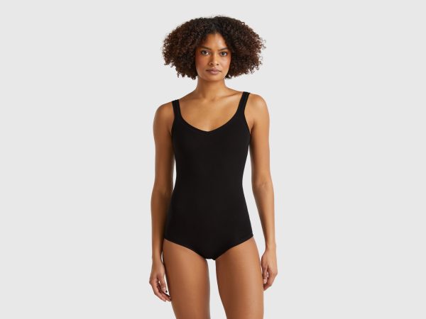 Benetton, Super Stretch Cotton Bodysuit, size OS, Black, Women