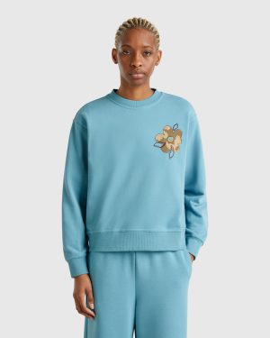 Benetton, Sweatshirt With Floral Embroidery, size S, Light Blue, Women