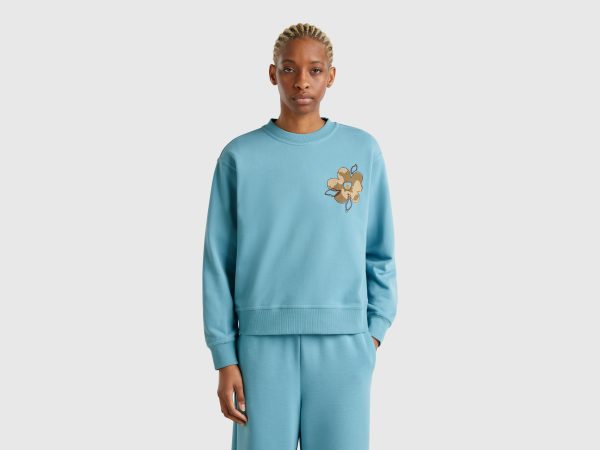 Benetton, Sweatshirt With Floral Embroidery, size S, Light Blue, Women