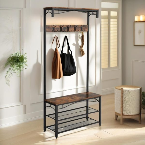 Benzino Hall Tree 80cm Wide Rustic Industrial Coat Stand Shoe Organiser Hallway Entryway
