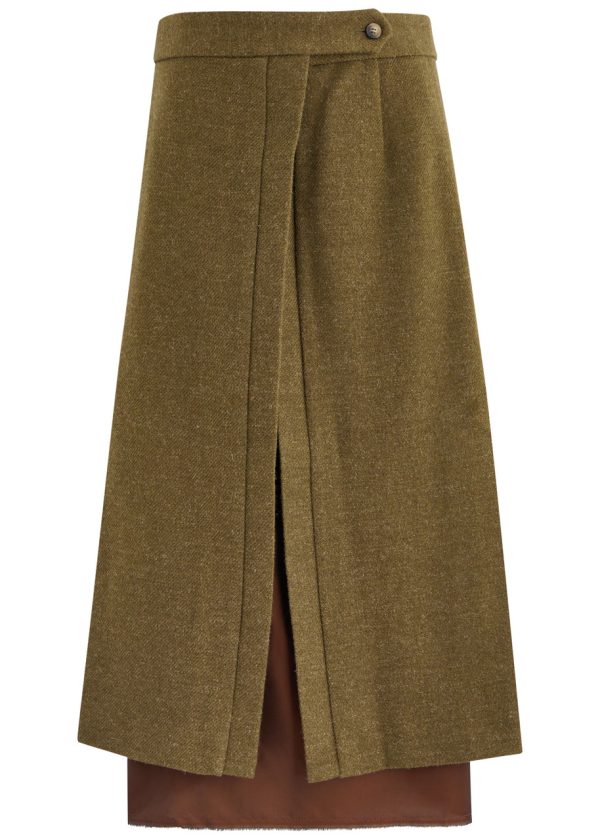 Bettter Layered Wrap-effect Wool Midi Skirt - Khaki - XS (UK6 /xs)