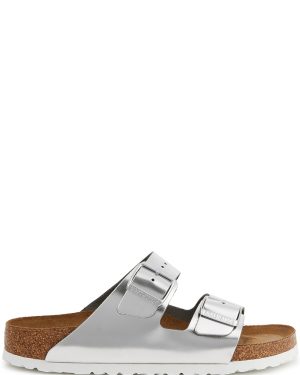 Birkenstock Arizona Metallic Silver Leather Sliders - 5