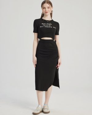 Black 2-piece Set Crop Top And Midi Slit Skirt Summer Outfit For Women 2025