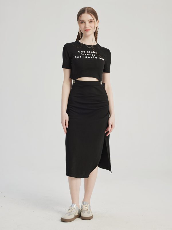 Black 2-piece Set Crop Top And Midi Slit Skirt Summer Outfit For Women 2025
