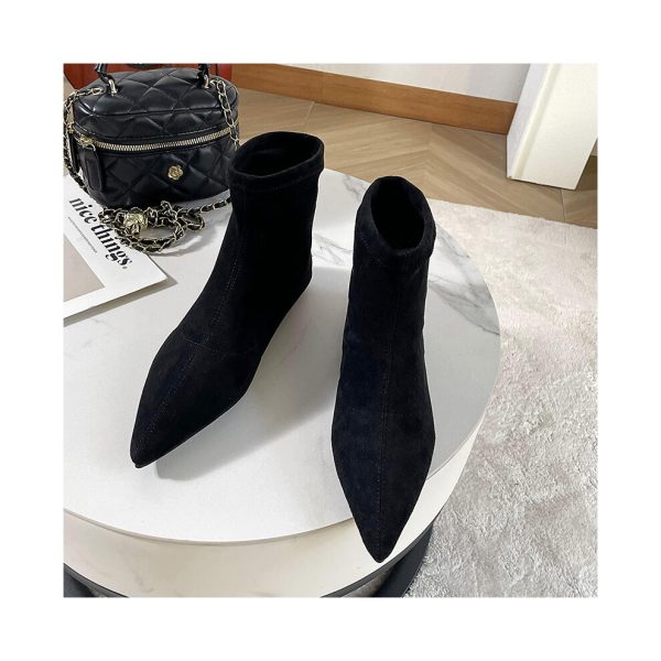 (Black, 41) Stylish And Black Brown Suede Sock Boots For Women With Comfortable Flat Sole And Pointed Toe Design