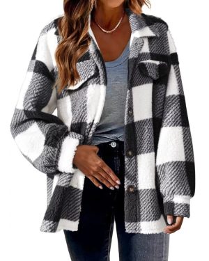 (Black, 5XL) Women Casual Winter Shirt Top Ladies Check Fleece Jacket Oversized Shacket Coats