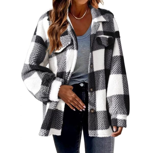 (Black, 5XL) Women Casual Winter Shirt Top Ladies Check Fleece Jacket Oversized Shacket Coats