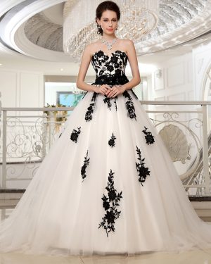 Black And White Wedding Dresses Strapless Lace Sash Beaded Ball Gown Bridal Dress