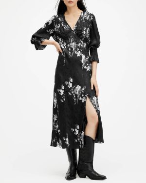 Black Ani Split Midi Dress