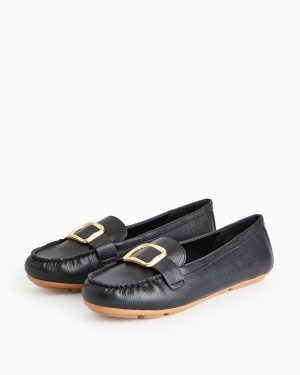 Black Buckle Faux Leather Driving Loafers