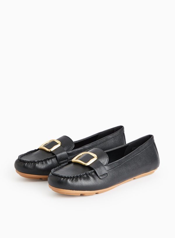 Black Buckle Faux Leather Driving Loafers