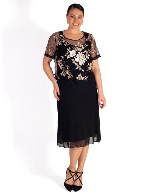 Black Chiffon Dress with Embroidered Sequin Mesh Overtop