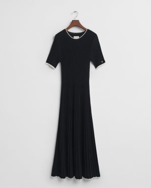 Black Contrast Ribbed Short Sleeve Knitted Dress