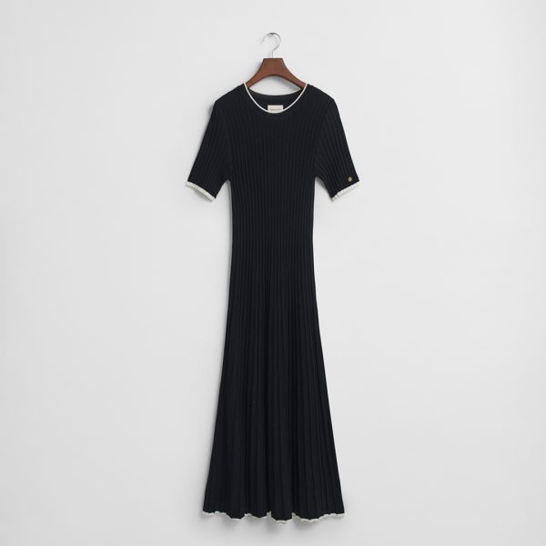Black Contrast Ribbed Short Sleeve Knitted Dress