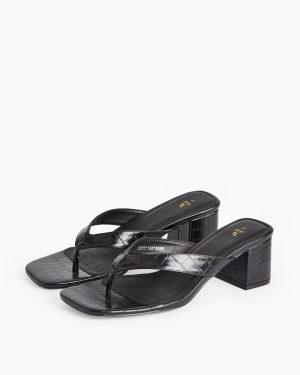 Black Croc Toe Post Heeled Mule Sandals