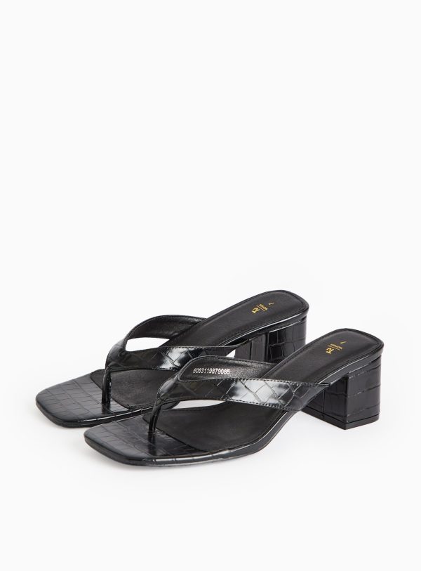 Black Croc Toe Post Heeled Mule Sandals