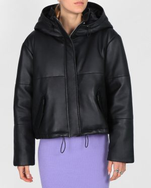 Black Cropped Leather Puffer Coat