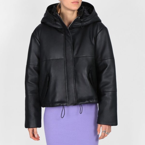 Black Cropped Leather Puffer Coat