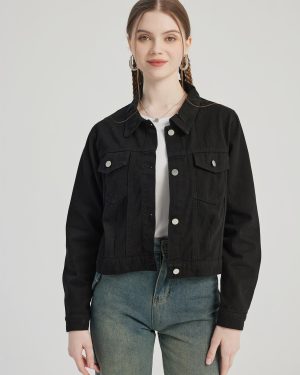 Black Denim Short Jacket Turndown Collar Spring Outerwear For Women 2025