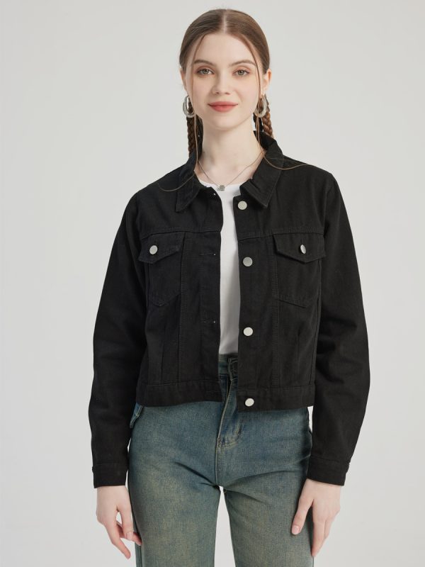 Black Denim Short Jacket Turndown Collar Spring Outerwear For Women 2025