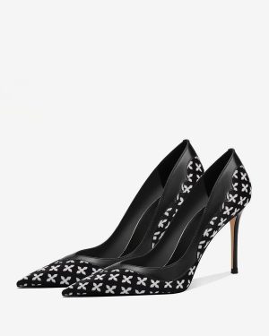 Black Dress Shoes Pointed Toe Printed Slip On Pumps