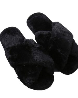 (Black, EU39) Ladies Fur Fluffy Slippers Sliders Women Cross Over Open Toe Mules Shoes
